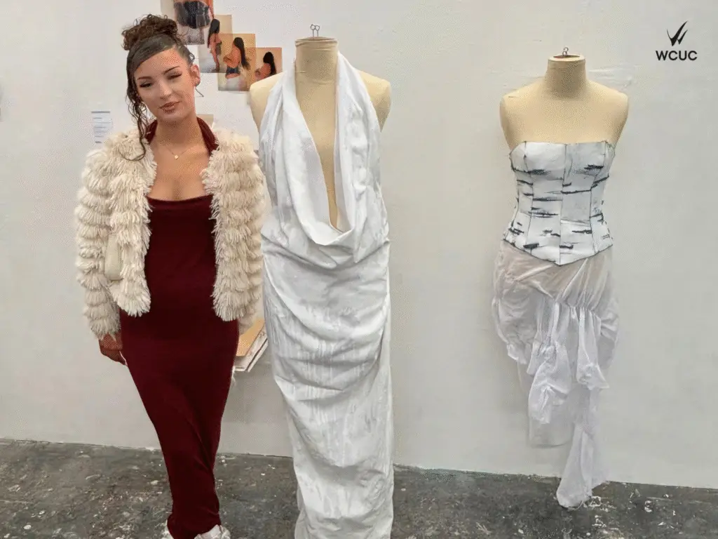 A student stand beside two mannequins displaying her fashion designs: one in a draped white fabric and another featuring a printed white corset with gathered fabric details. 