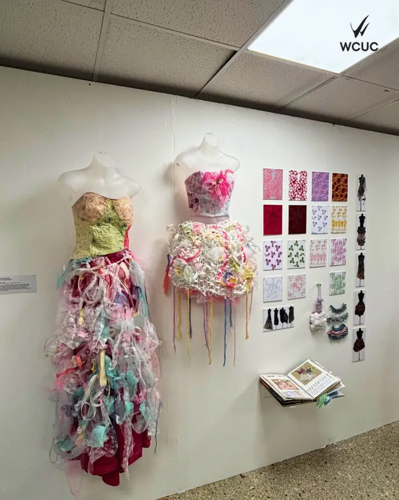 Two pastel-coloured corset-style dresses decorated with layered ribbons and textured fabric hang on mannequins, alongside fabric samples, sketchbook pages, and design development work pinned to the wall. 