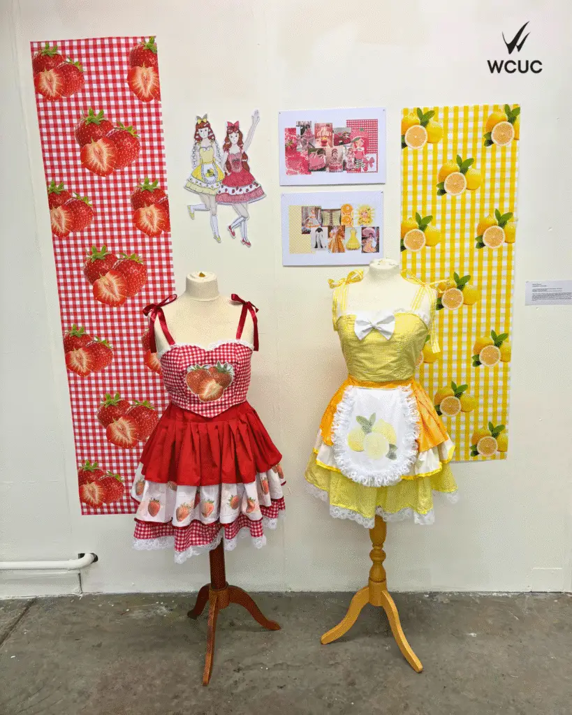 Two brightly coloured dresses inspired by strawberries and lemons are displayed on mannequins, with matching gingham fabric panels and playful concept illustrations mounted behind them. 