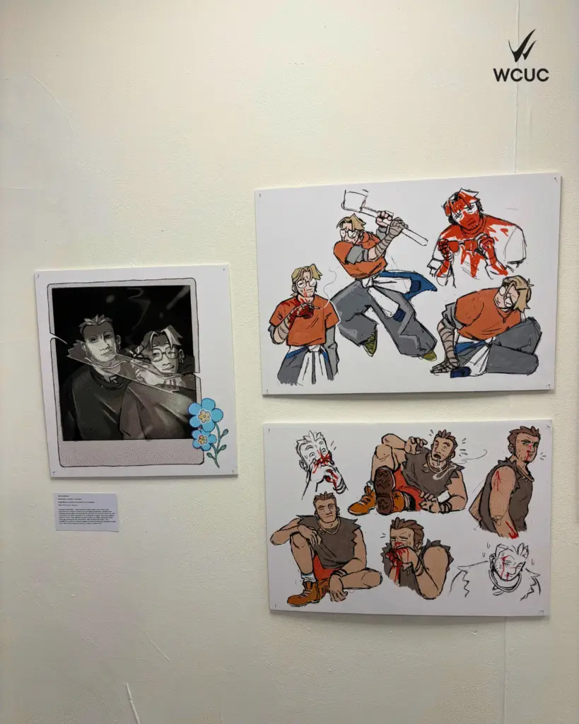 A collection of expressive character illustrations featuring dynamic action poses, emotional expressions, and stylised figures across three mounted boards on a white gallery wall. 