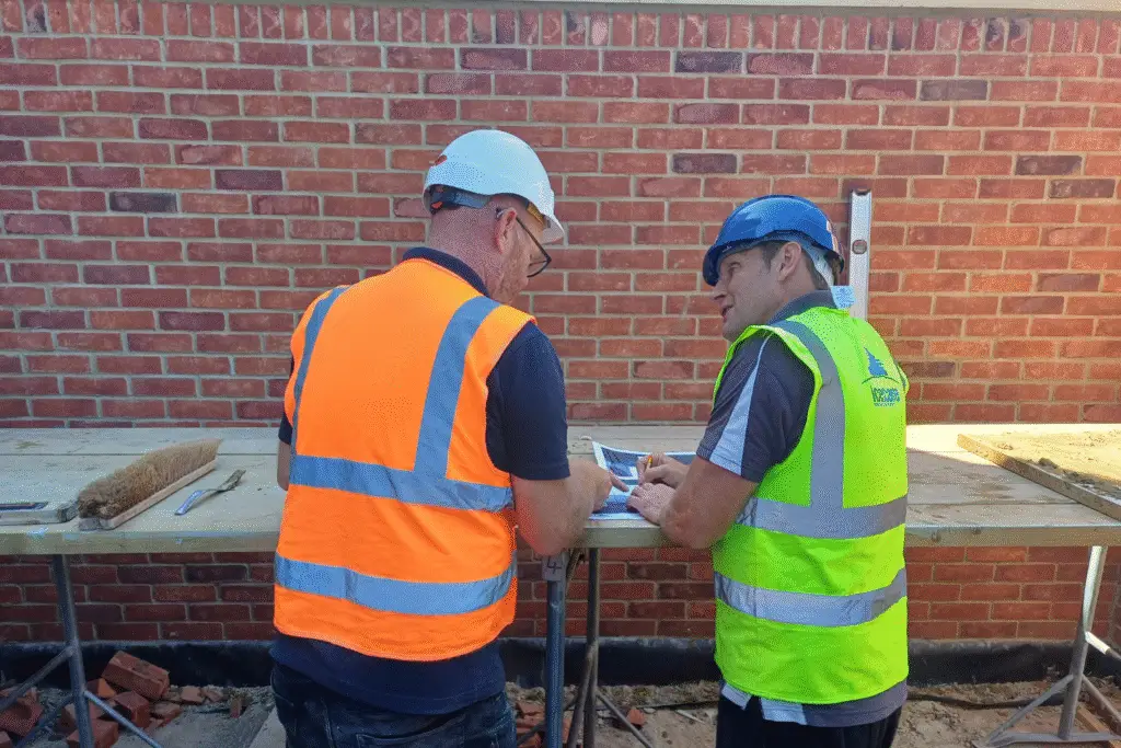 Two people in high-visibility vests and hard hats reviewing plans at a construction site.