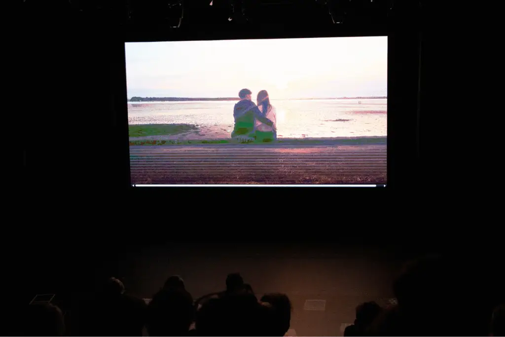 A romantic scene of a couple sitting by the water, projected on screen.