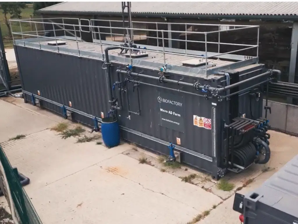 Side view of the BioFactory AD Farm unit at Lackham
