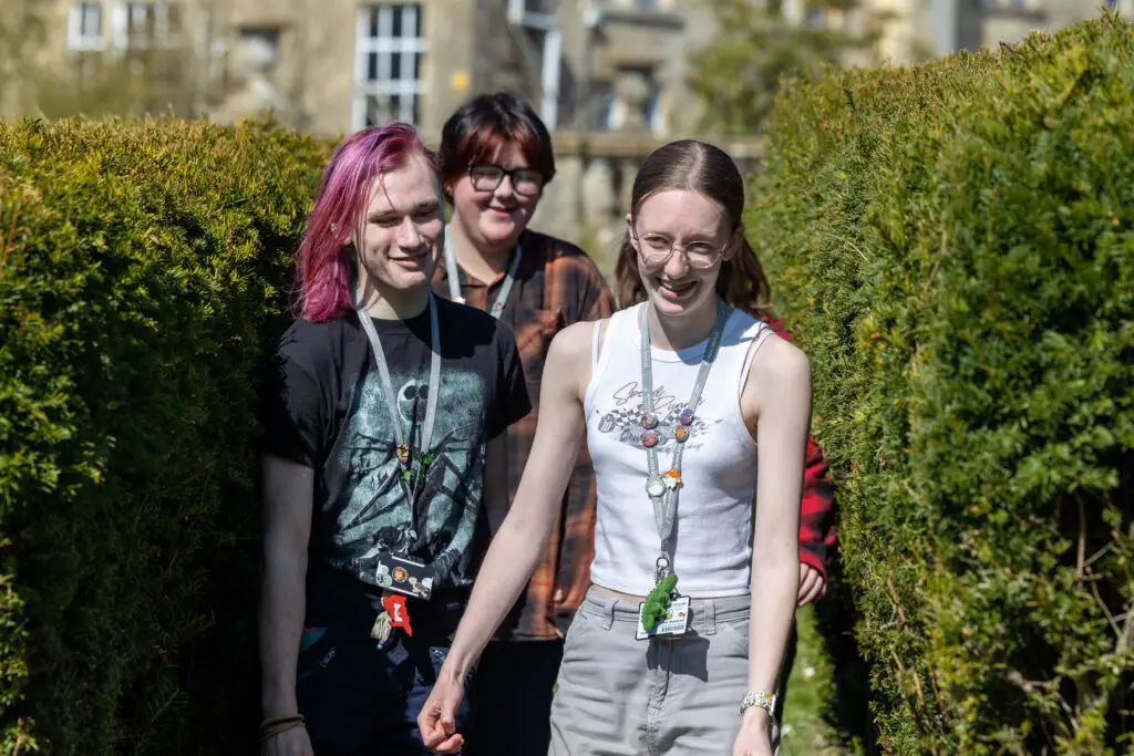 Group of students walking through the gardens at Lackham campus.