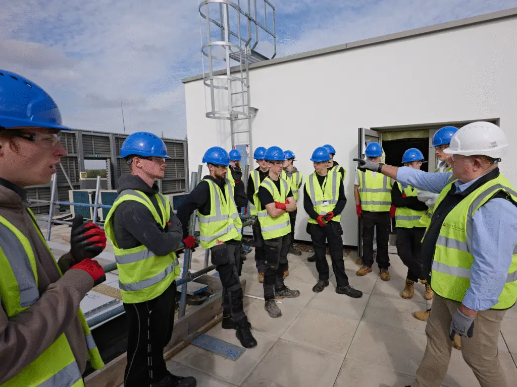 Tilbury Douglas worker gestures while speaking to Construction students in hard hats and hi-vis jackets during a tour of the new Trowbridge Integrated Care Centre.