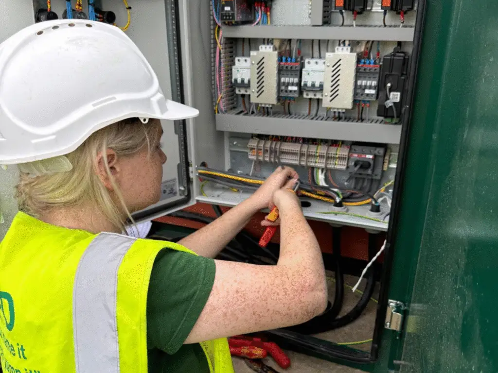 A woman wearing a hard hat and high-visibility vest uses tools to work on electrical wiring inside a large industrial control panel.