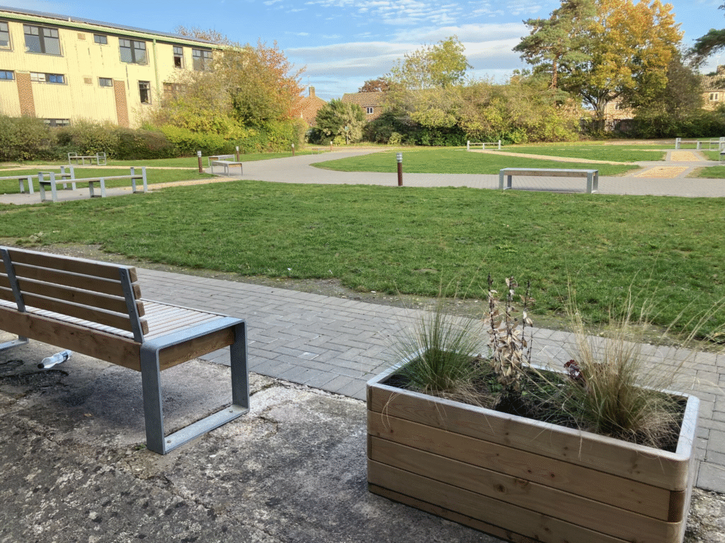 A wooden bench and planter with ornamental grasses in the new courtyard at Wiltshire College & University Centre’s Trowbridge campus, with lawns and pathways in the background.