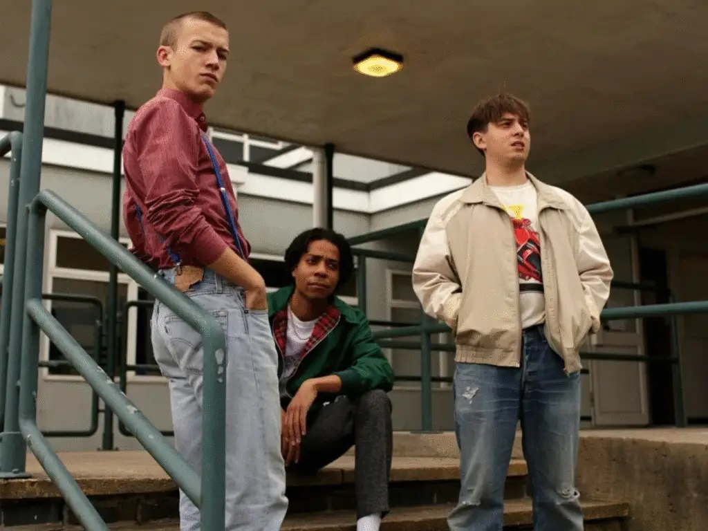 Three actors in 1980s-style clothing standing and sitting on steps outside a building during a scene from a film.