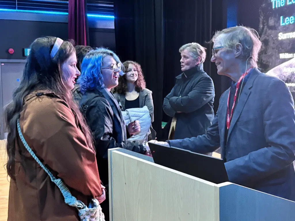 Antony Penrose speaking with a group of Wiltshire College students after his lecture at the Trowbridge campus.