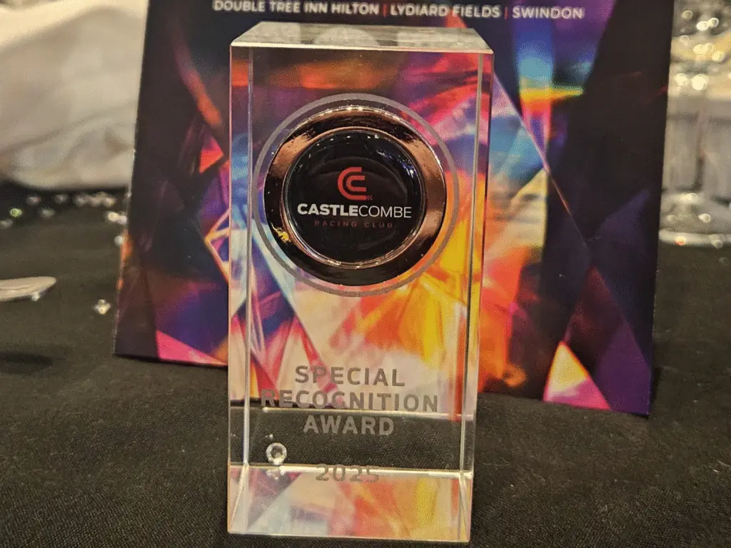 The Castle Combe Racing Club Special Recognition Award trophy for 2025 displayed on a table at the awards ceremony.