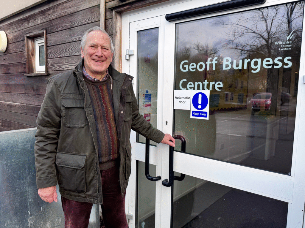 Former Chair Geoff Burgess standing outside the Geoff Burgess Centre at Wiltshire College’s Lackham campus