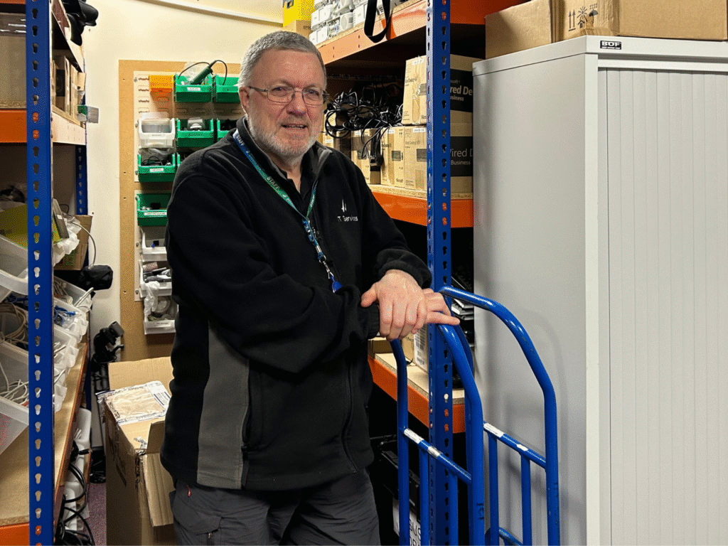Chris Holt in an IT storage area at Wiltshire College