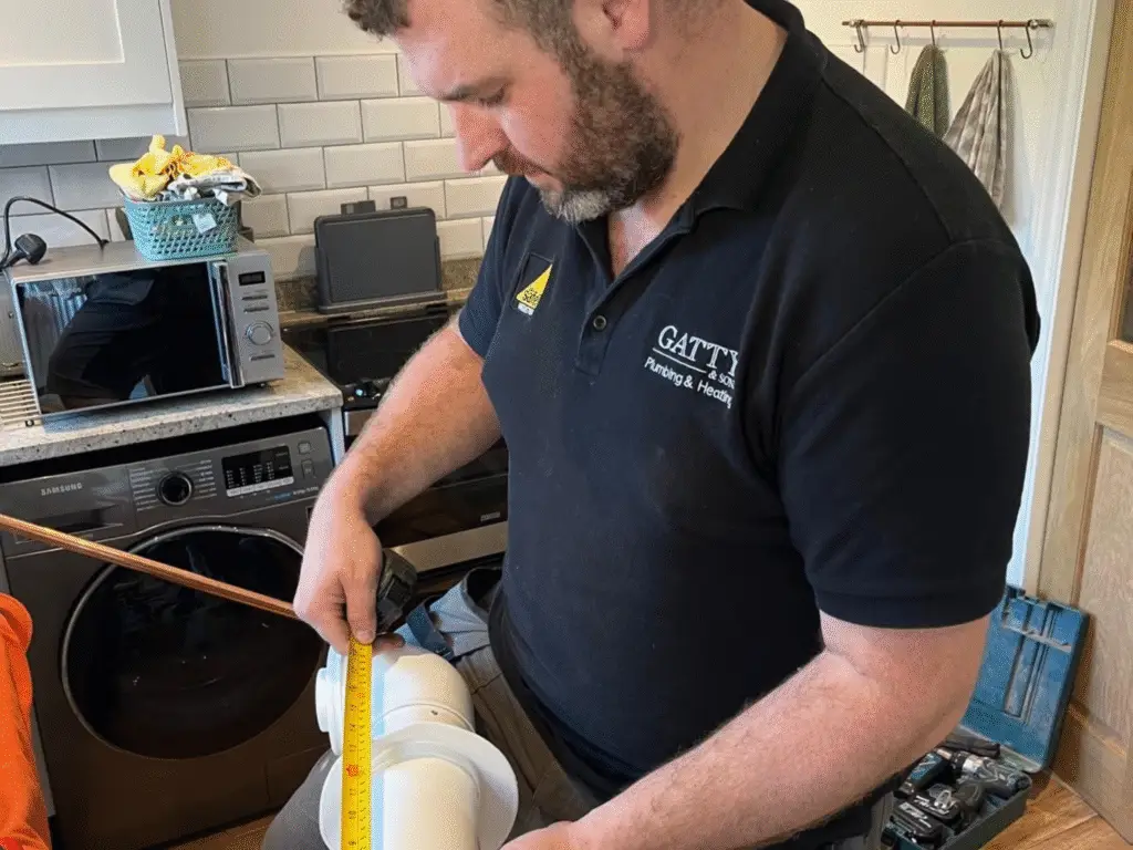 Plumbing apprentice measuring a section of pipework using a tape measure during an installation task.
