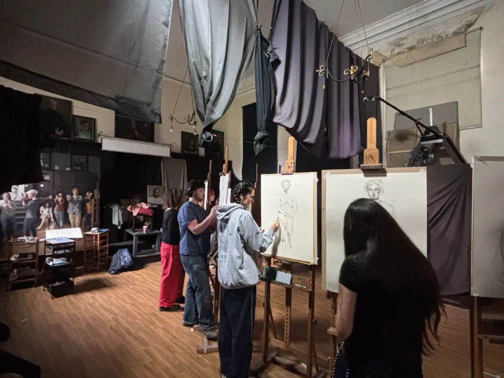 Art and Design students working at easels during a life drawing session at Sarum Studio in Salisbury, developing observational drawing skills in a professional studio setting.