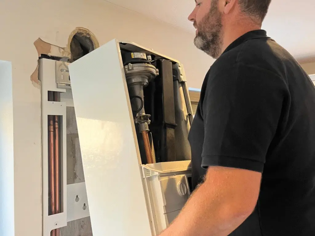 Plumbing apprentice inspecting the internal components of a wall-mounted boiler.