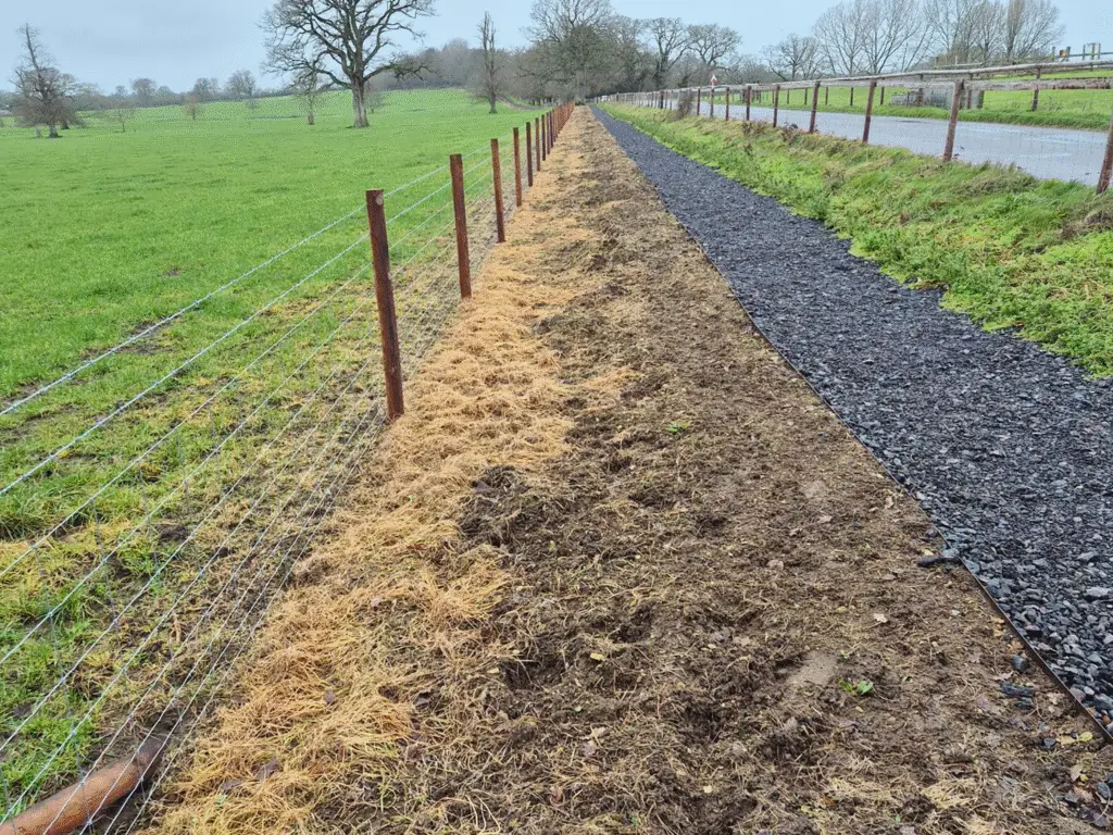Prepared soil and mulch along a fence line ready for hedgerow planting at Lackham campus.
