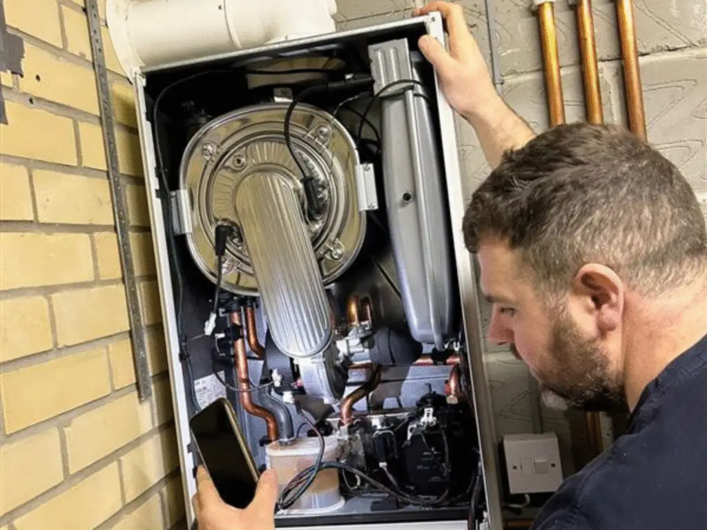 Plumbing apprentice checking a newly installed boiler and connected copper pipework.