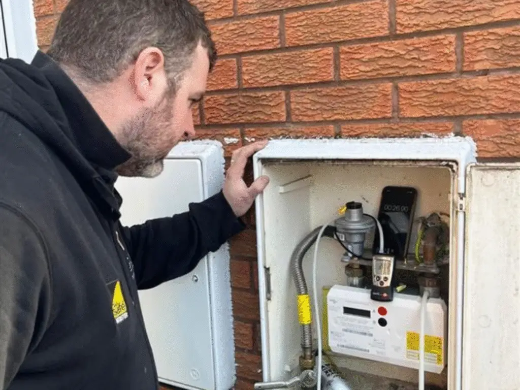 Plumbing apprentice inspecting an external gas meter and housing.
