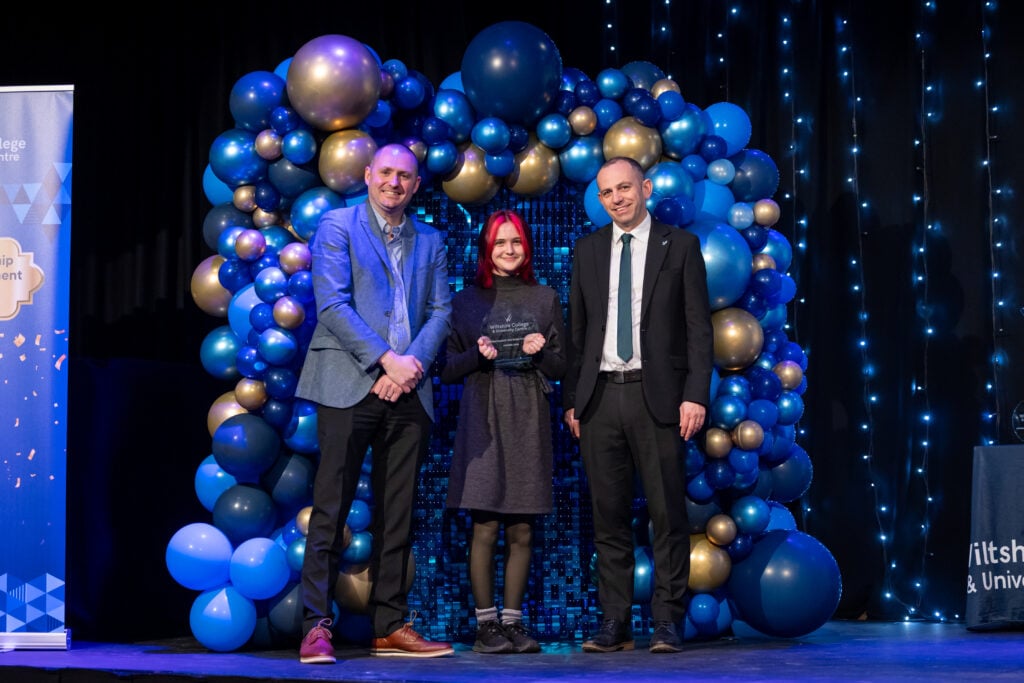 Apprentices, students and employers on stage at Wiltshire College & University Centre’s Apprenticeship and Work Placement Awards at Trowbridge Civic Centre.