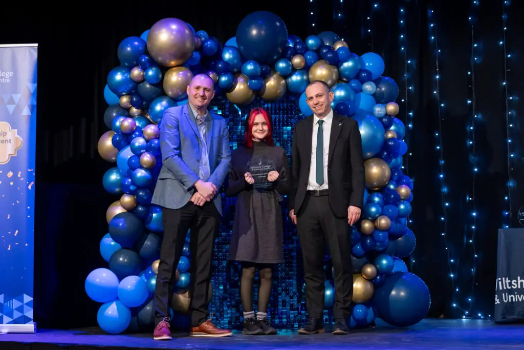 Apprentices, students and employers on stage at Wiltshire College & University Centre’s Apprenticeship and Work Placement Awards at Trowbridge Civic Centre.