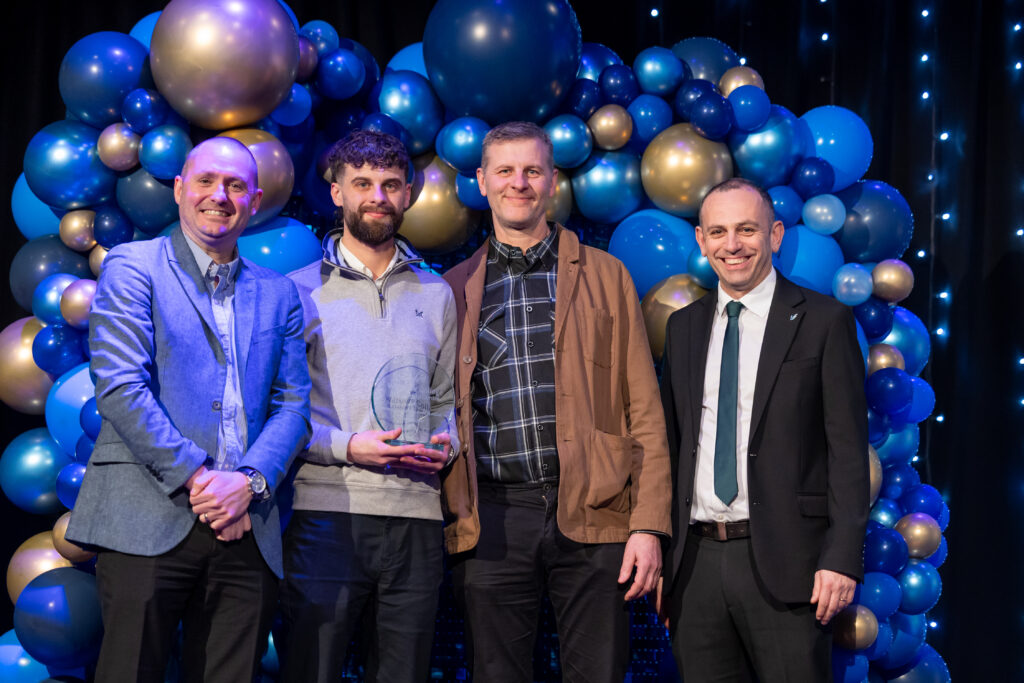 Apprentices, students and employers on stage at Wiltshire College & University Centre’s Apprenticeship and Work Placement Awards at Trowbridge Civic Centre.