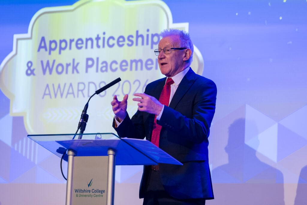 Apprentices, students and employers on stage at Wiltshire College & University Centre’s Apprenticeship and Work Placement Awards at Trowbridge Civic Centre.
