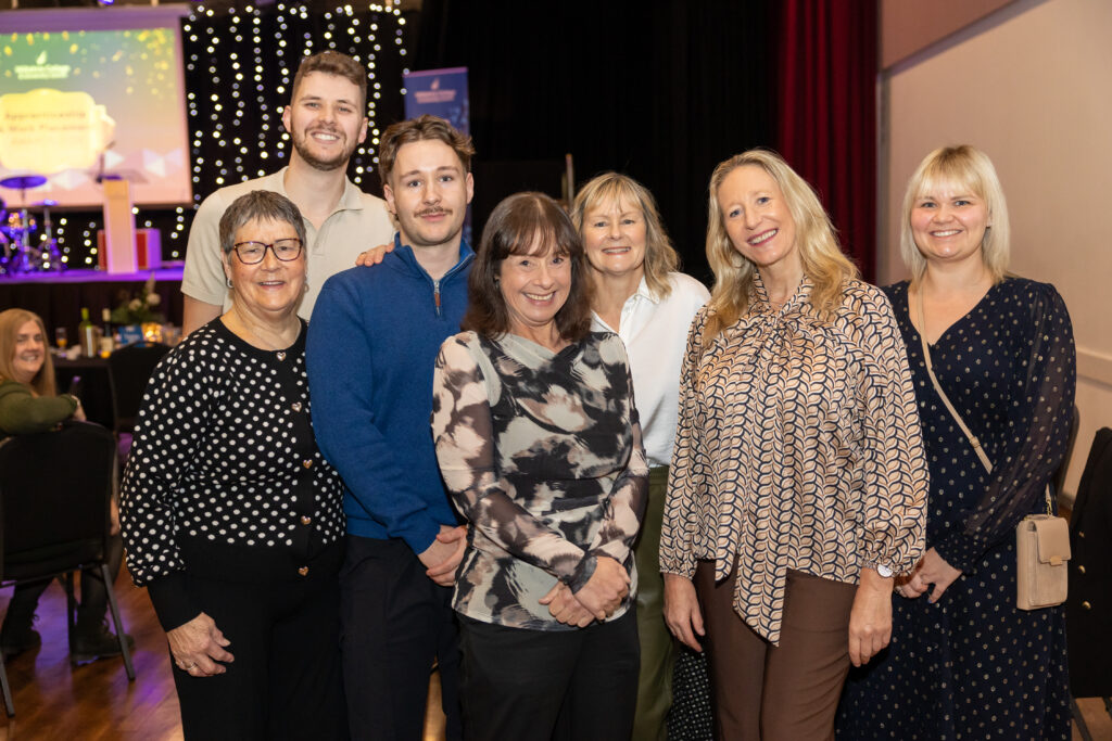 Apprentices, students and employers on stage at Wiltshire College & University Centre’s Apprenticeship and Work Placement Awards at Trowbridge Civic Centre.