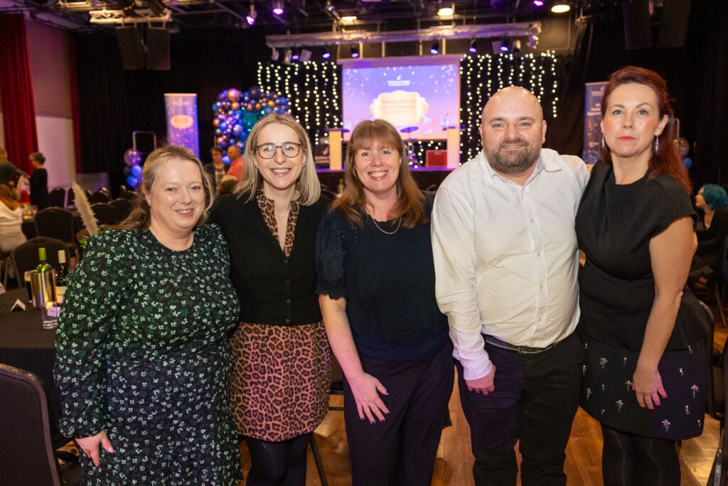 Apprentices, students and employers on stage at Wiltshire College & University Centre’s Apprenticeship and Work Placement Awards at Trowbridge Civic Centre.
