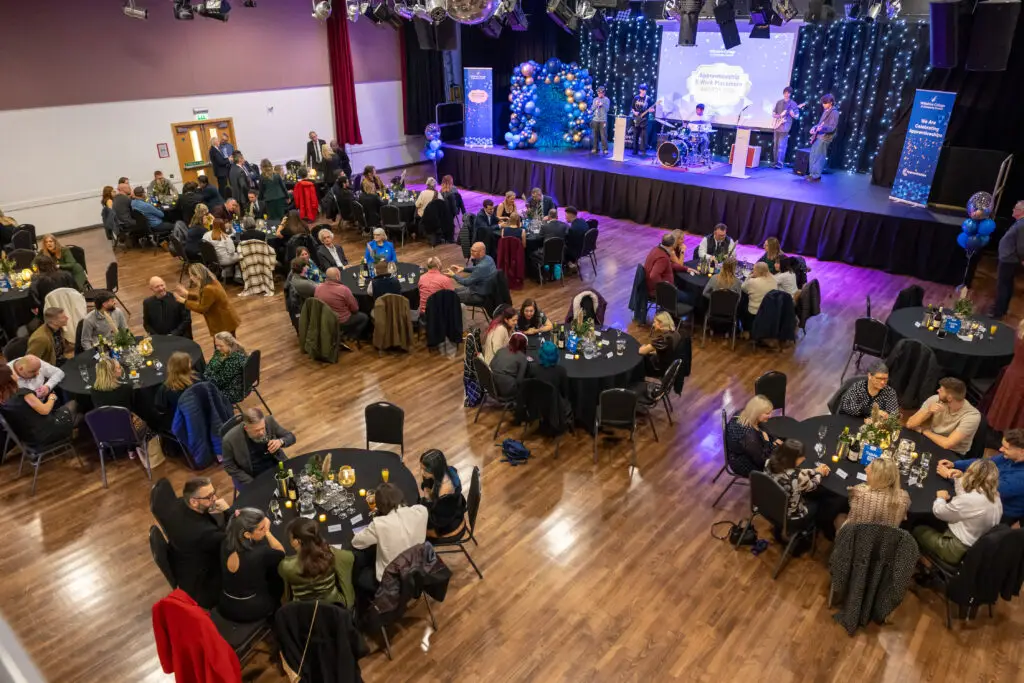 Apprentices, students and employers on stage at Wiltshire College & University Centre’s Apprenticeship and Work Placement Awards at Trowbridge Civic Centre.