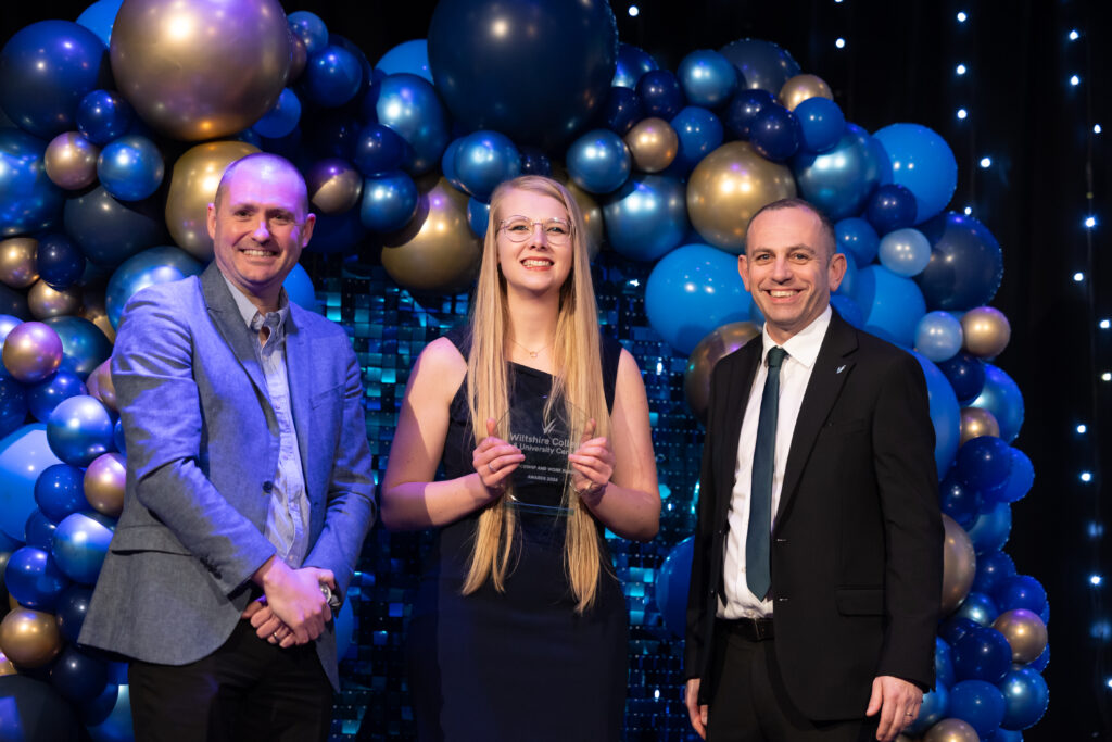 Apprentices, students and employers on stage at Wiltshire College & University Centre’s Apprenticeship and Work Placement Awards at Trowbridge Civic Centre.