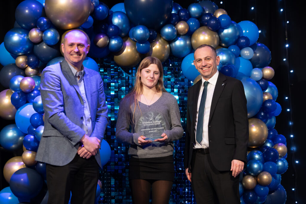 Apprentices, students and employers on stage at Wiltshire College & University Centre’s Apprenticeship and Work Placement Awards at Trowbridge Civic Centre.