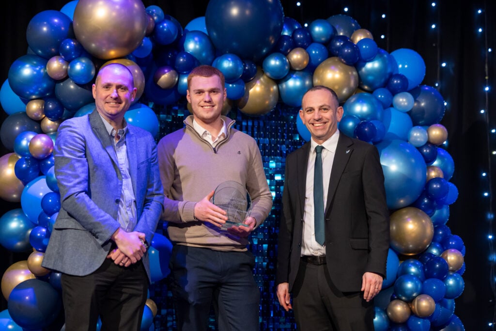 Apprentices, students and employers on stage at Wiltshire College & University Centre’s Apprenticeship and Work Placement Awards at Trowbridge Civic Centre.