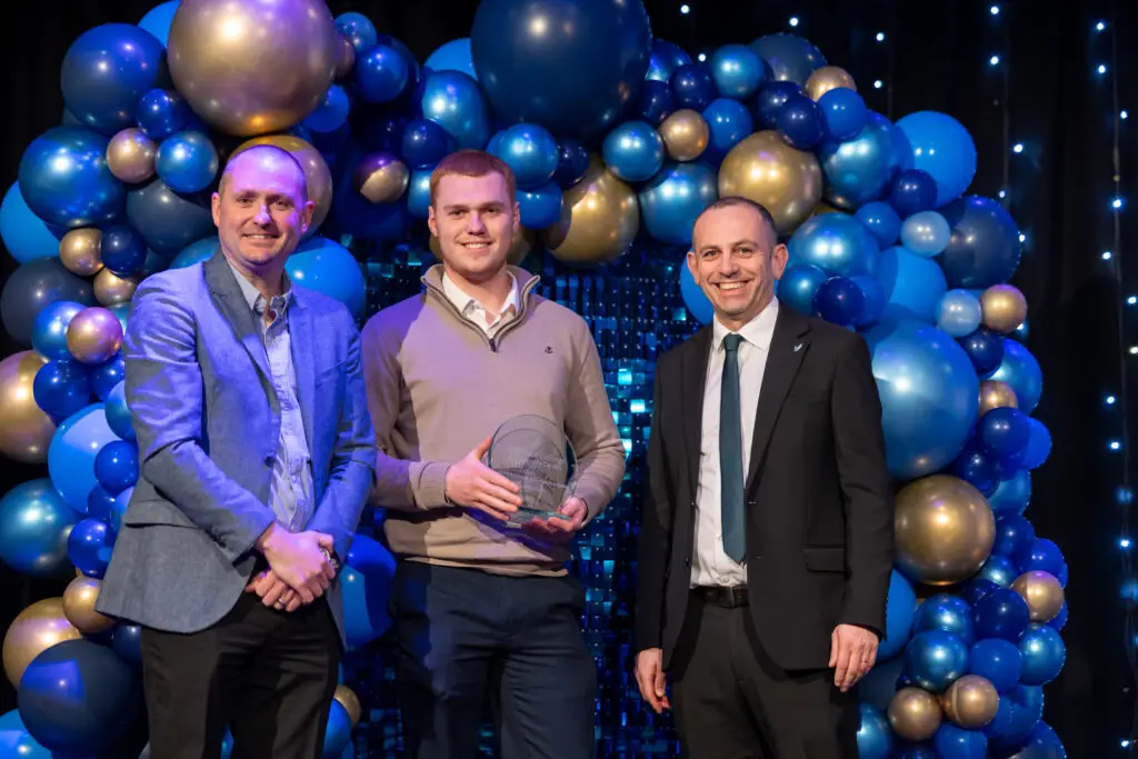 Apprentices, students and employers on stage at Wiltshire College & University Centre’s Apprenticeship and Work Placement Awards at Trowbridge Civic Centre.
