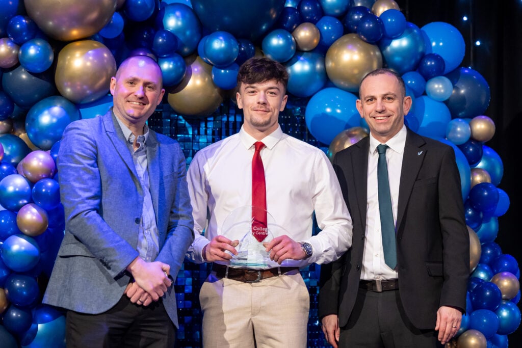 Apprentices, students and employers on stage at Wiltshire College & University Centre’s Apprenticeship and Work Placement Awards at Trowbridge Civic Centre.