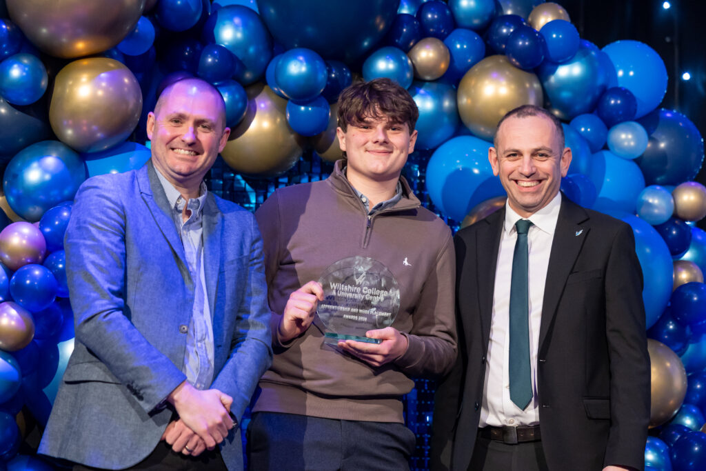 Apprentices, students and employers on stage at Wiltshire College & University Centre’s Apprenticeship and Work Placement Awards at Trowbridge Civic Centre.