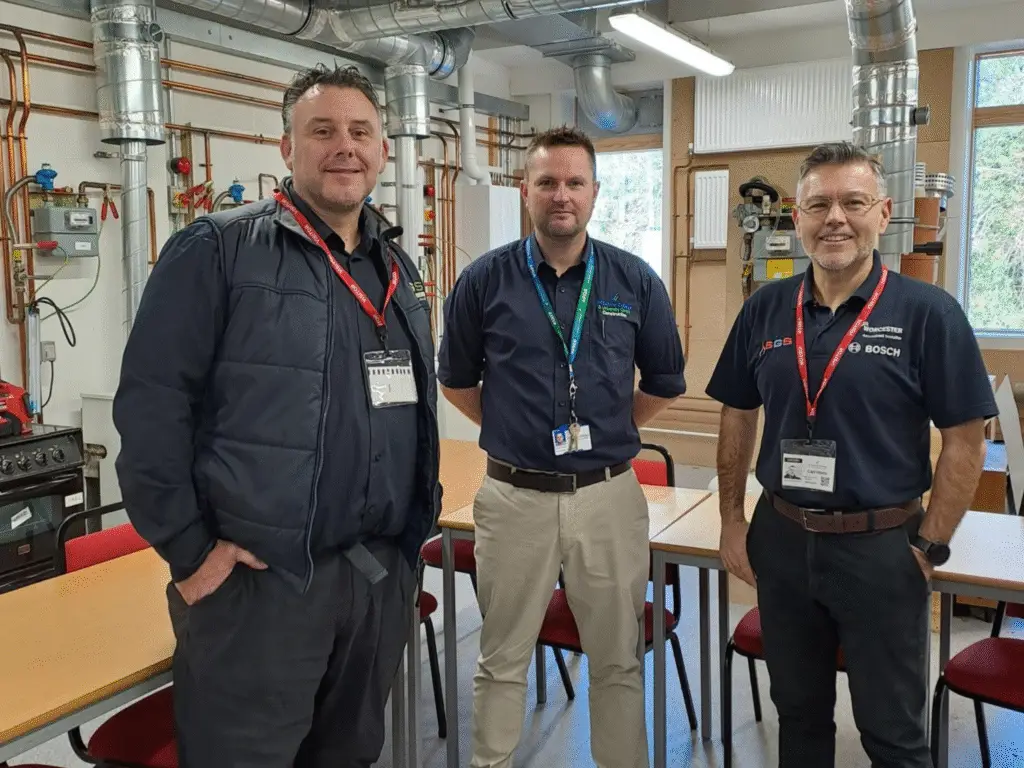 Representatives from SGS Heating and Electrical Ltd visiting construction workshops at Wiltshire College & University Centre’s Salisbury campus.