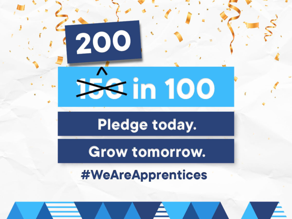Designed image with confettt. ready 150 in 100 with 150 crossed out and 200 taking over. Pledge today. Grow tomorrow tag line.