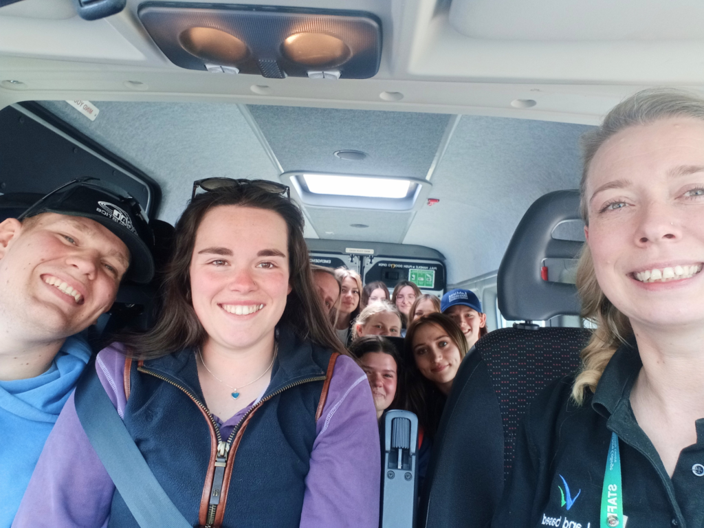 Staff and students on the college mini bus heading to Badminton Horse Trials
