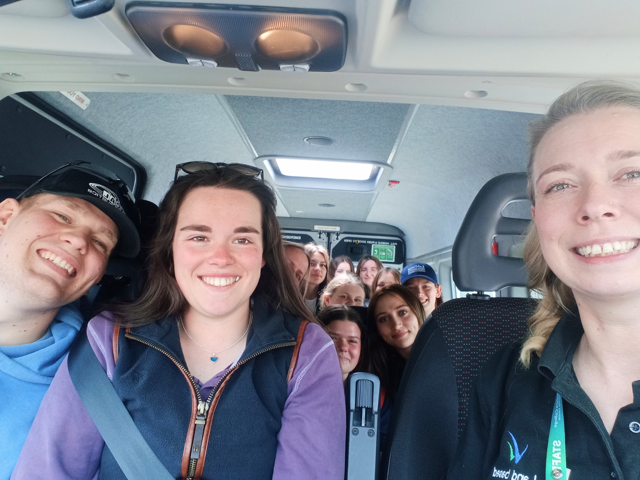 Staff and students on the college mini bus heading to Badminton Horse Trials