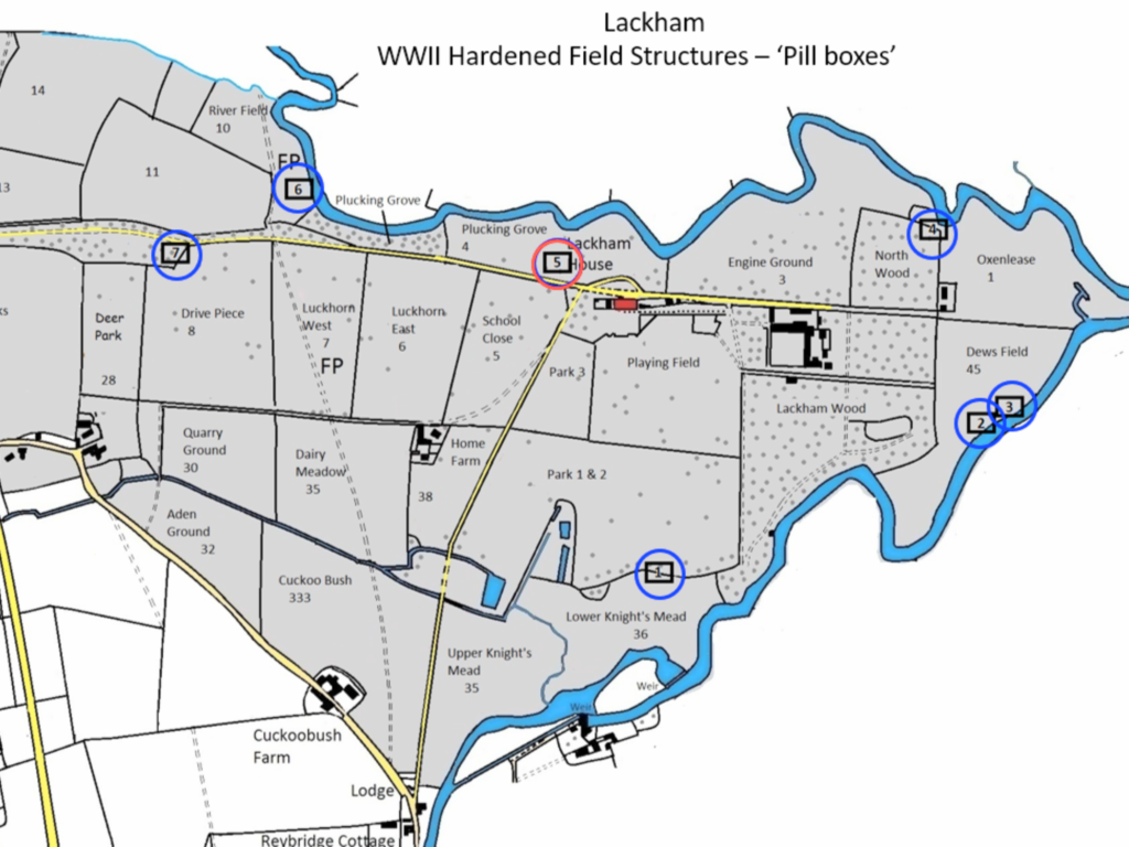 A map showing the location of pill boxes around the Lackham estate