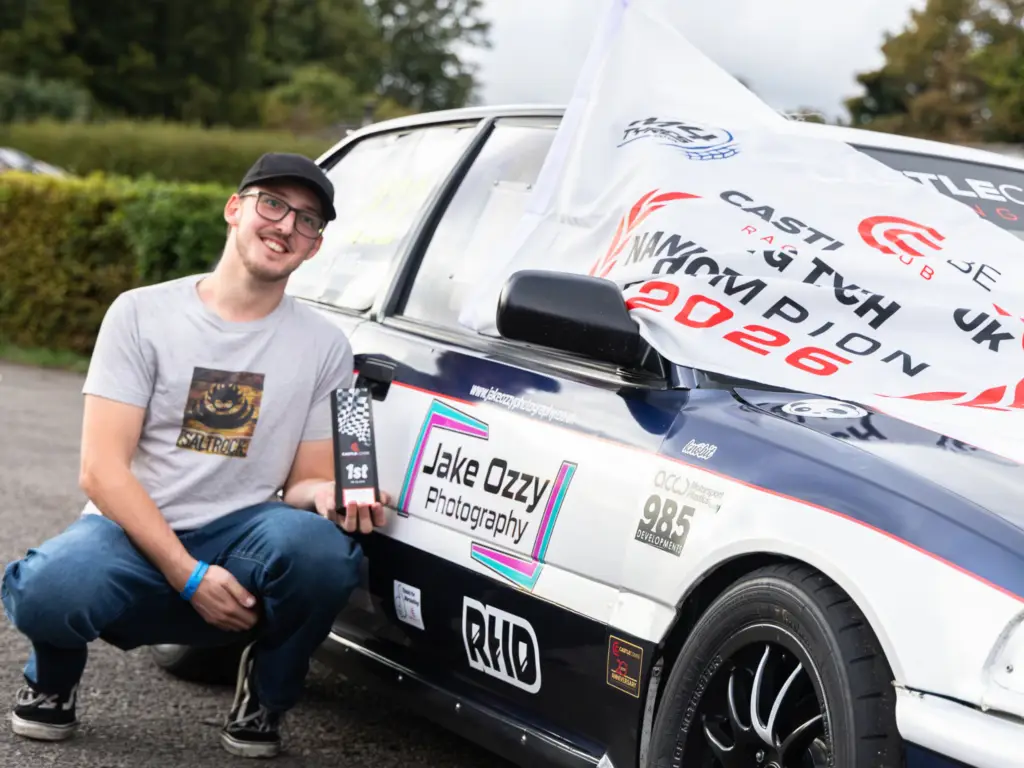Wiltshire College lecturer and former student Sam celebrate Hot Hatch championship win at Castle Combe