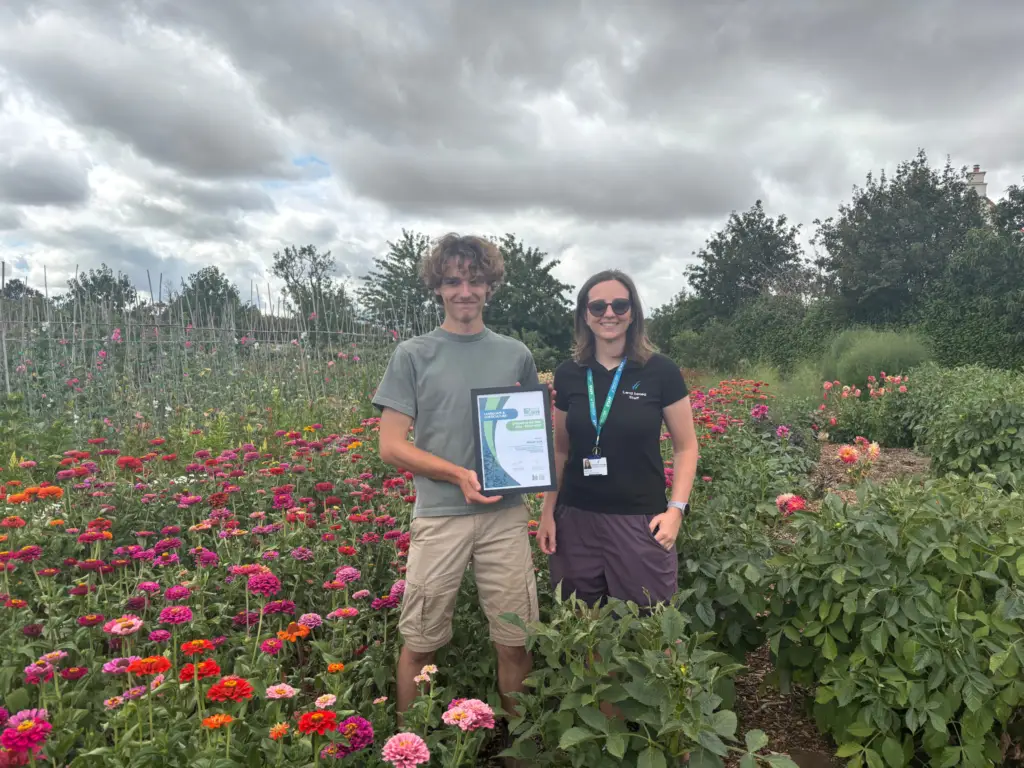 Finlay Lisk with his BALI Chalk Fund Award certificate alongside his Wiltshire College & University Centre horticulture lecturer.