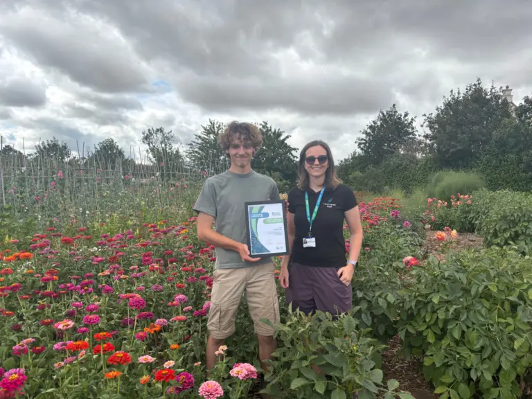 Finlay Lisk with his BALI Chalk Fund Award certificate alongside his Wiltshire College & University Centre horticulture lecturer.